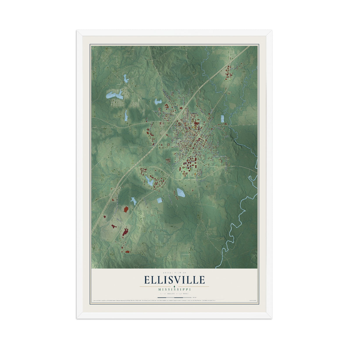 Map of Ellisville, Mississippi, 12 x 18 inch print in a white wood frame