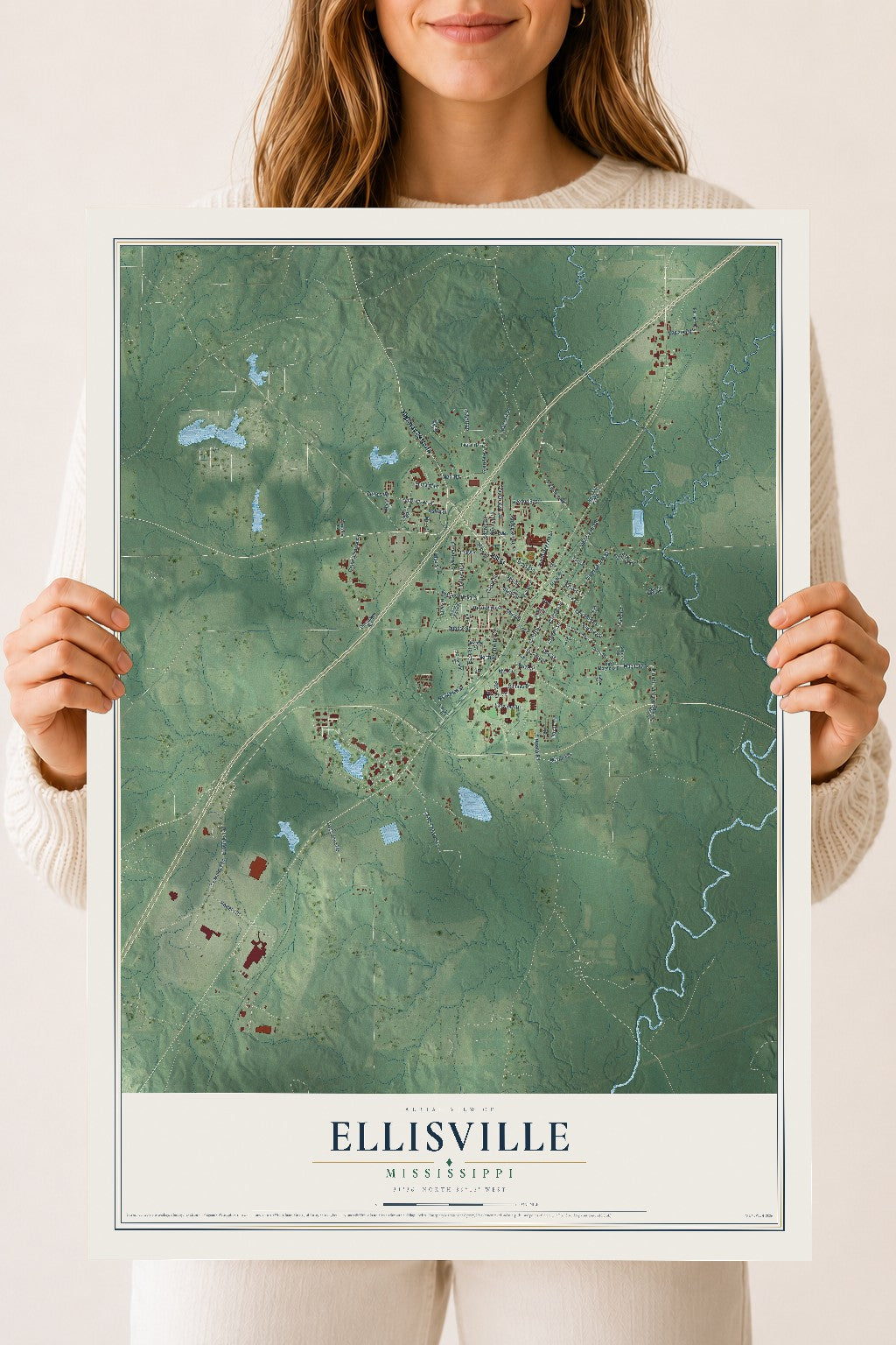 Map of Ellisville, Mississippi, 18 x 24 inch unframed archival matte print
