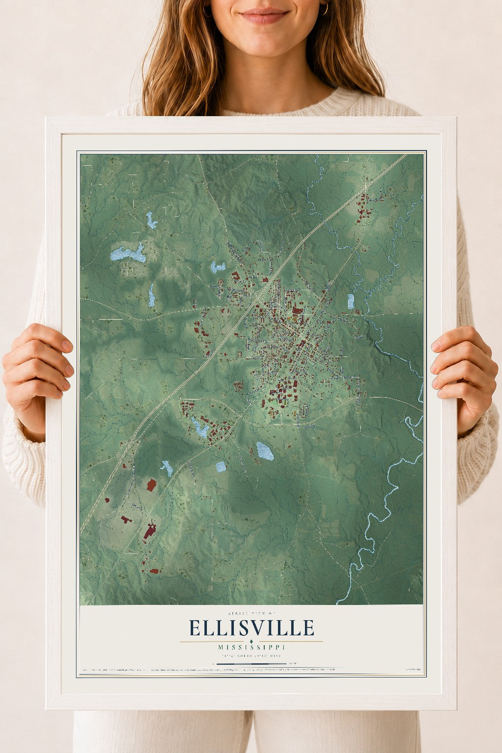 Map of Ellisville, Mississippi, 18 x 24 inch print in a white wood frame