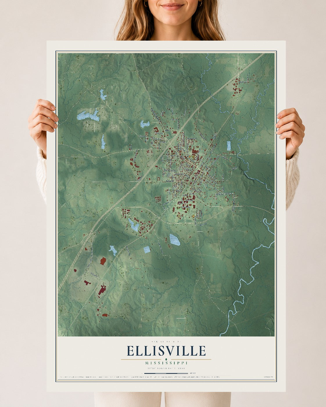 Map of Ellisville, Mississippi, 24 x 36 inch unframed archival matte print