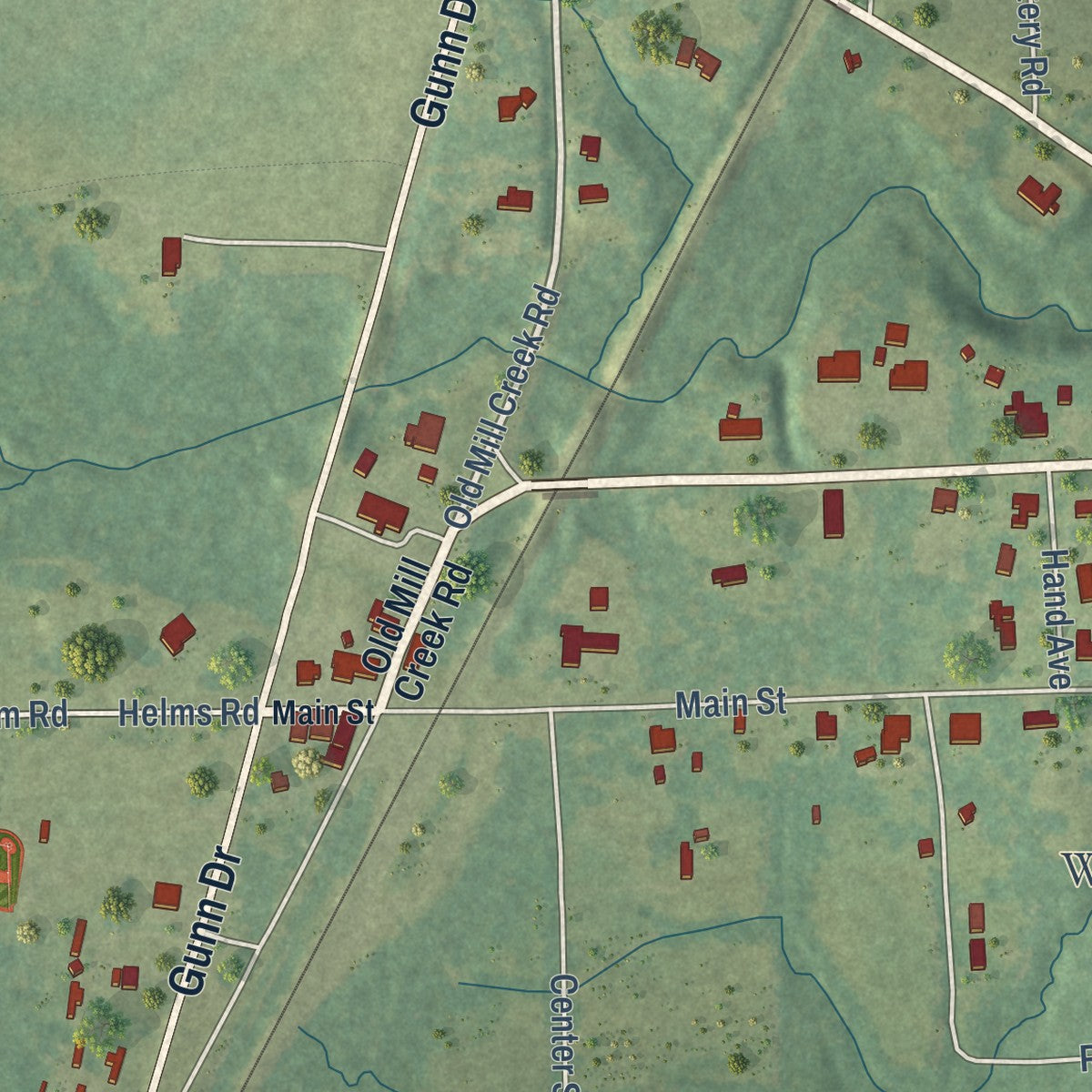 Second close-up of the map of Enterprise, Mississippi print showing more streets and buildings