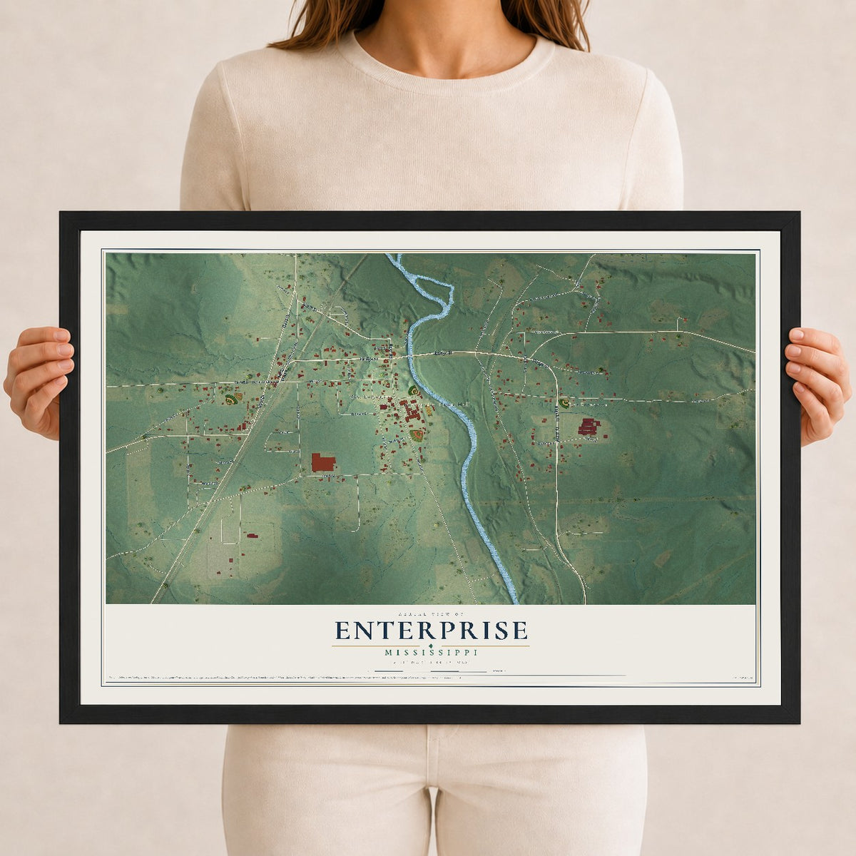 Map of Enterprise, Mississippi, 12 x 18 inch print in a black wood frame