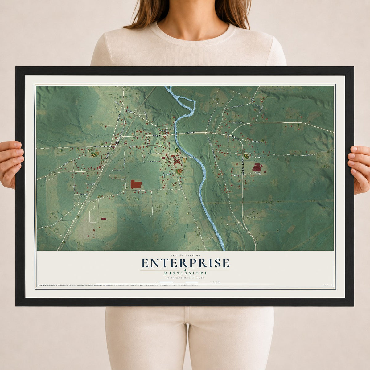 Map of Enterprise, Mississippi, 18 x 24 inch print in a black wood frame