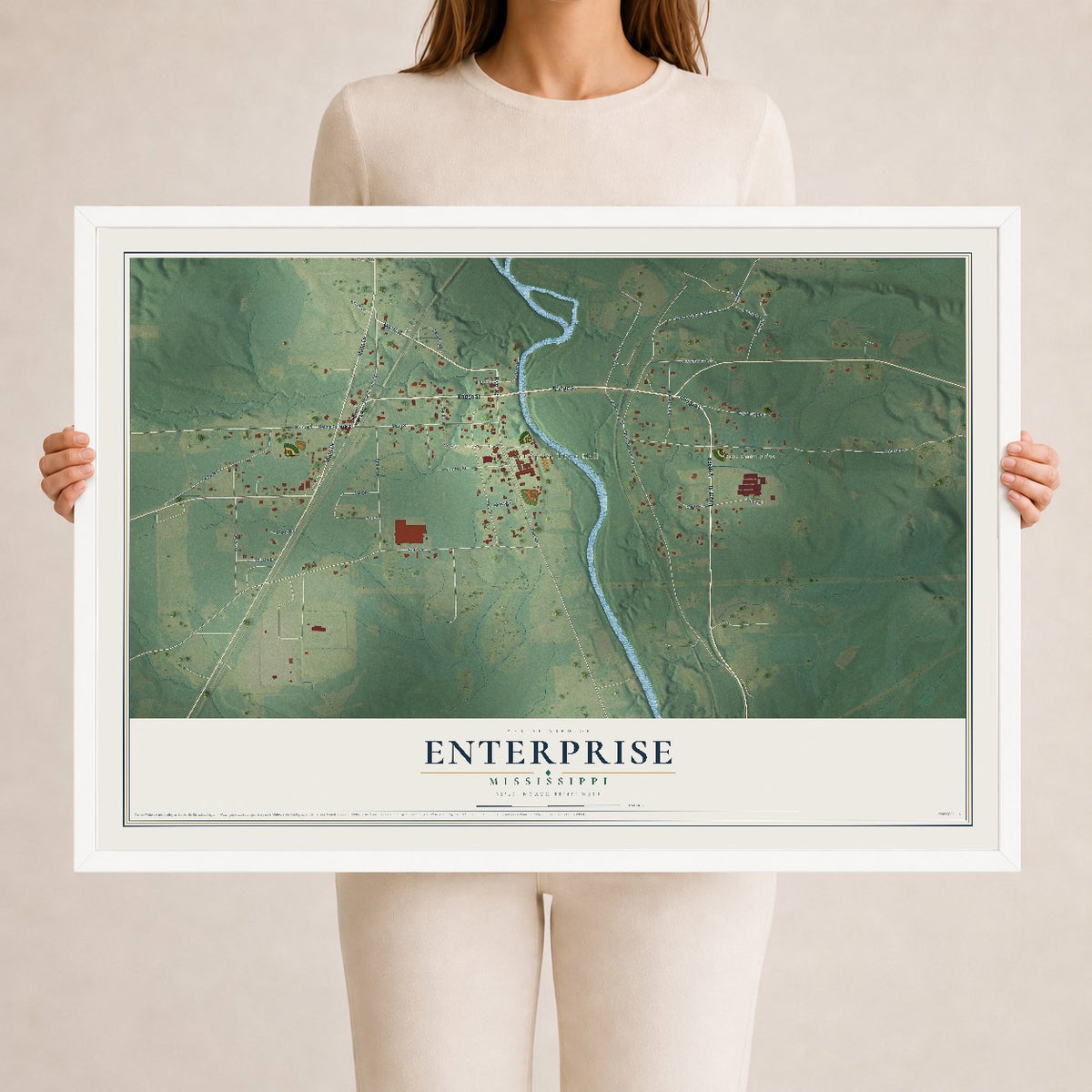Map of Enterprise, Mississippi, 24 x 36 inch print in a white wood frame