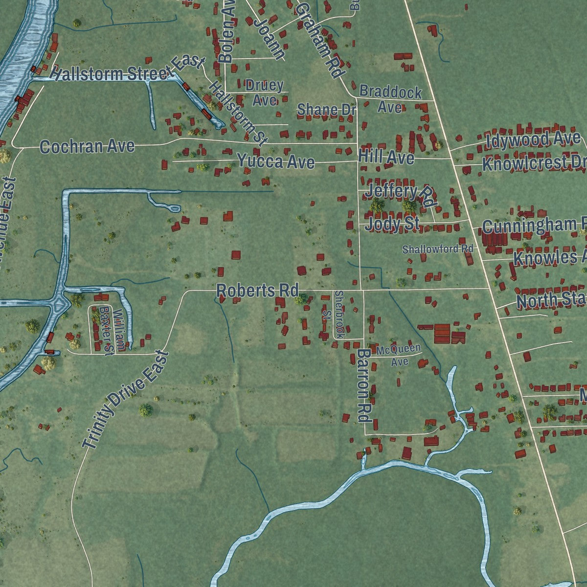 Close-up of the map of Escatawpa, Mississippi print showing street and building detail