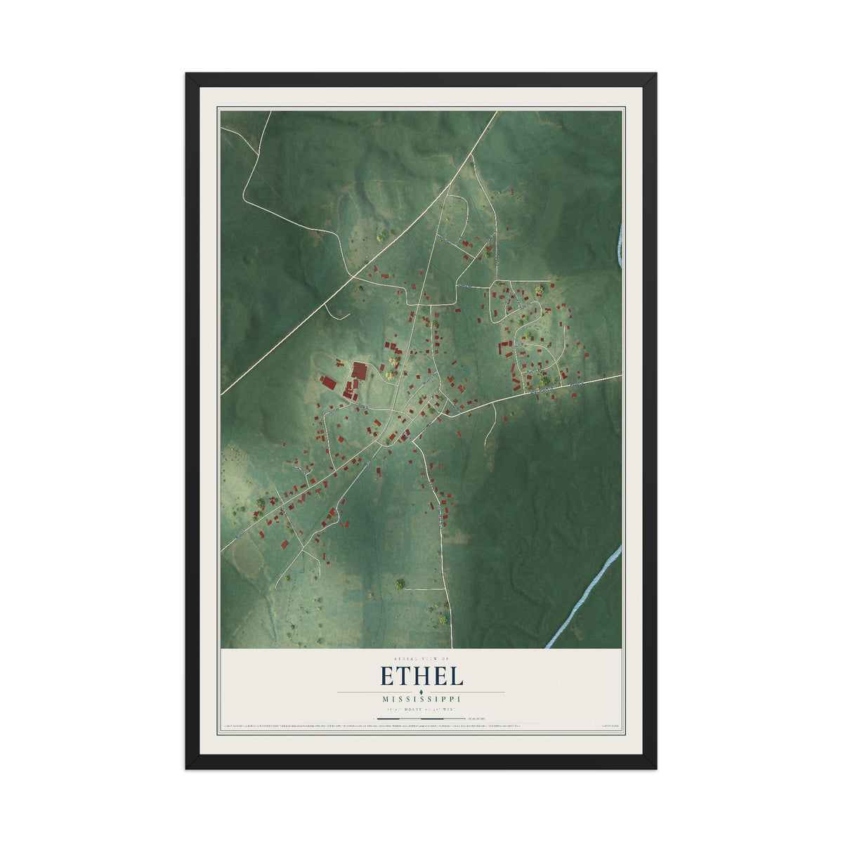 Map of Ethel, Mississippi, 12 x 18 inch print in a black wood frame