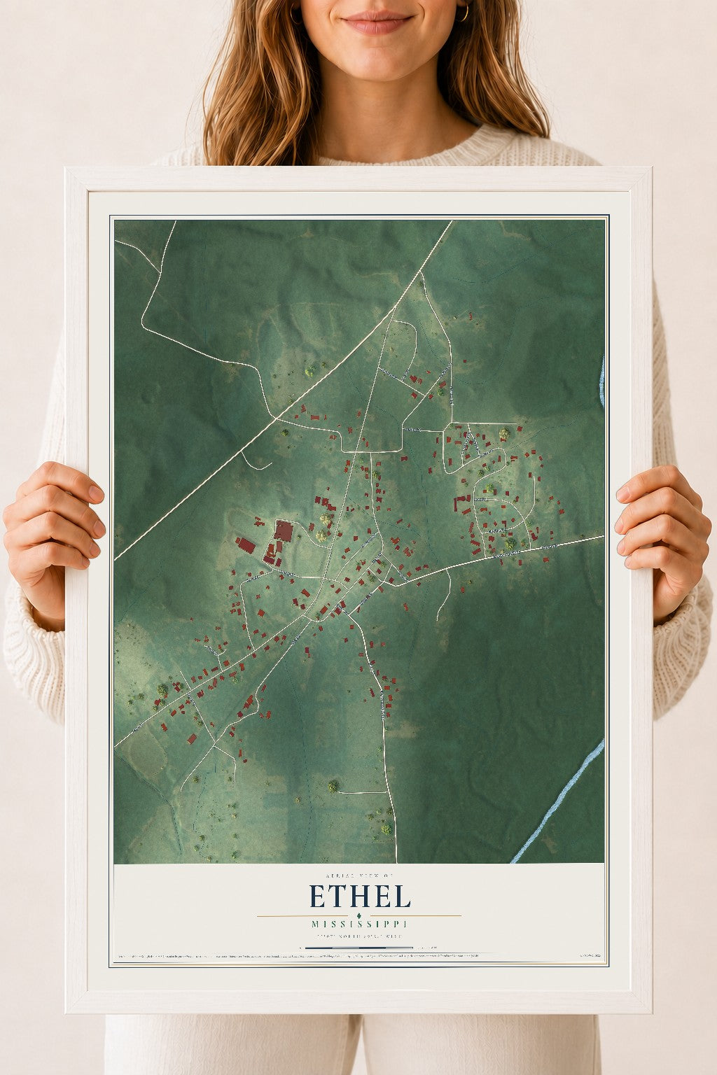 Map of Ethel, Mississippi, 18 x 24 inch print in a white wood frame