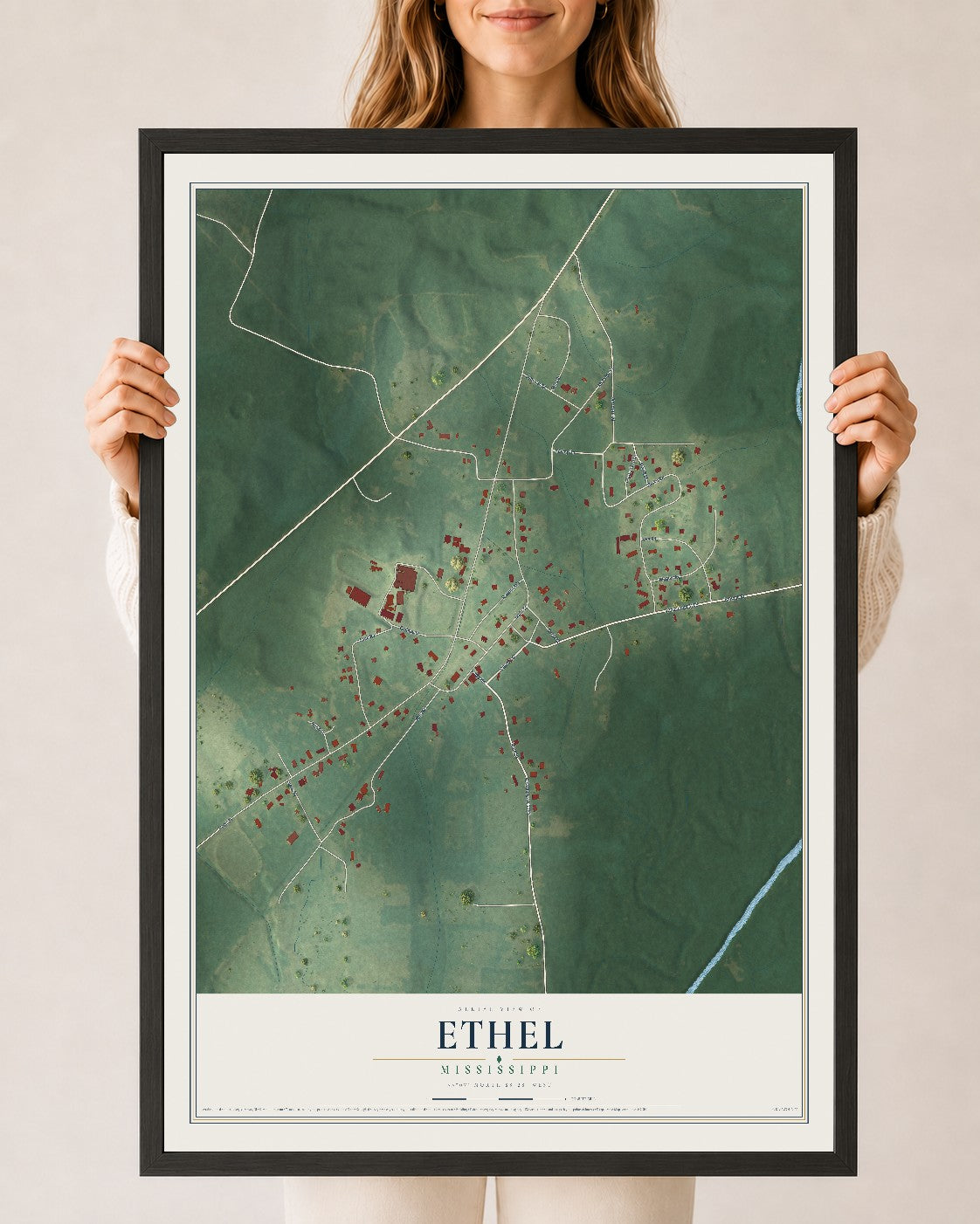 Map of Ethel, Mississippi, 24 x 36 inch print in a black wood frame