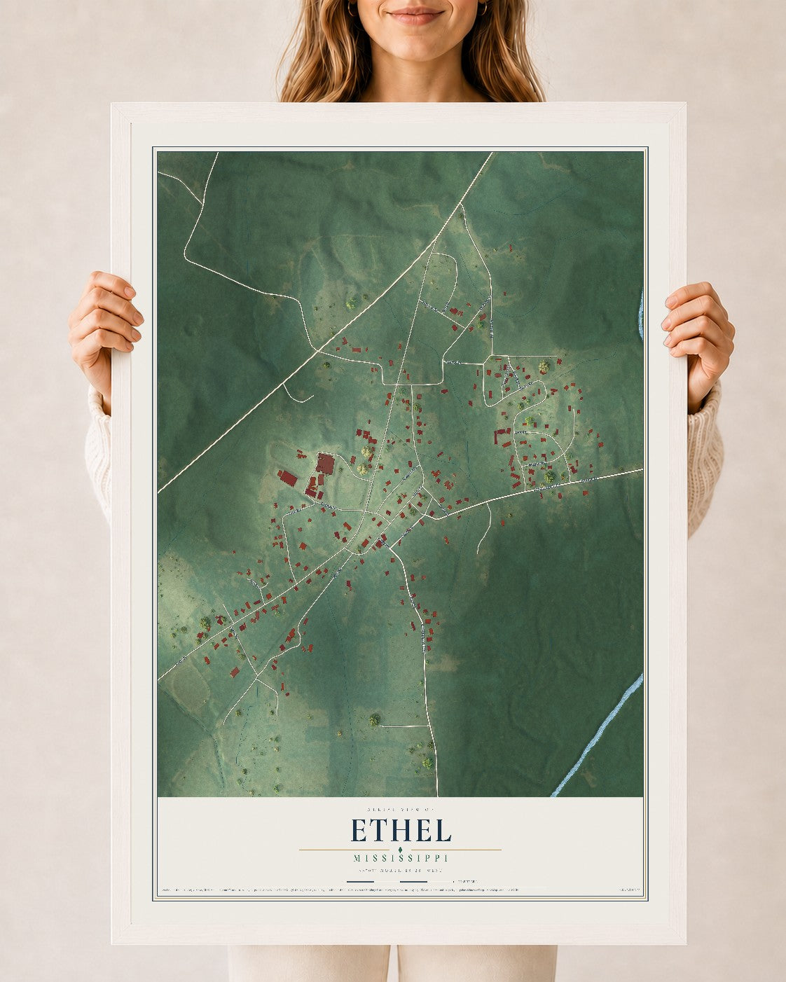 Map of Ethel, Mississippi, 24 x 36 inch print in a white wood frame