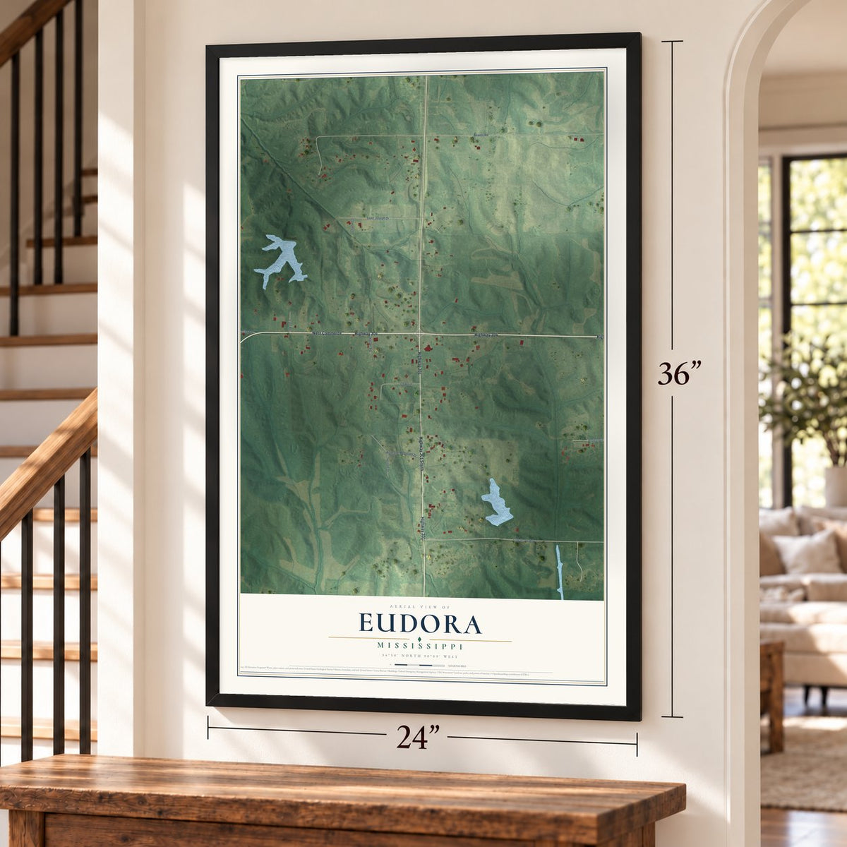 Eudora, Mississippi map, 24 x 36 inch print in a black frame by a staircase