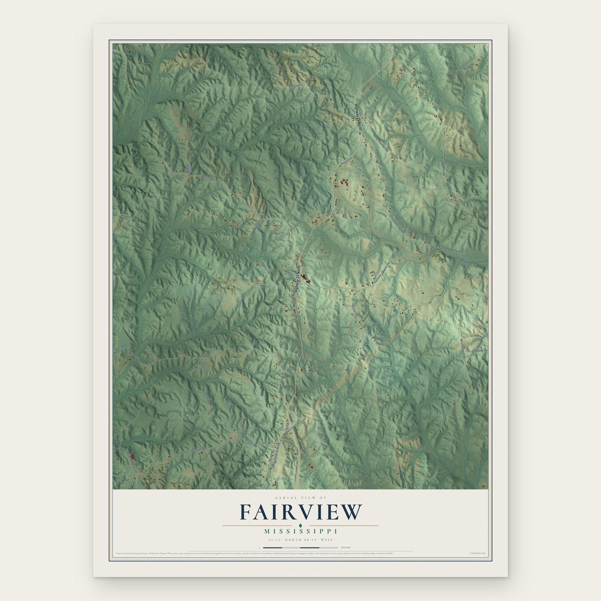 Fairview, Mississippi map print, the full design