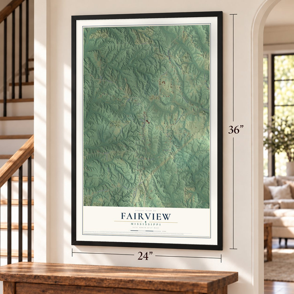 Fairview, Mississippi map, 24 x 36 inch print in a black frame by a staircase
