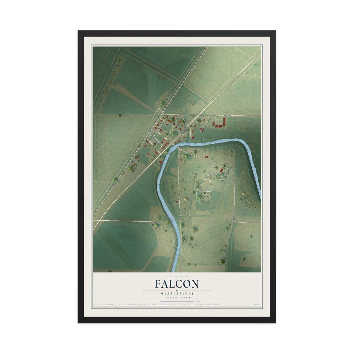 Map of Falcon, Mississippi, 12 x 18 inch print in a black wood frame