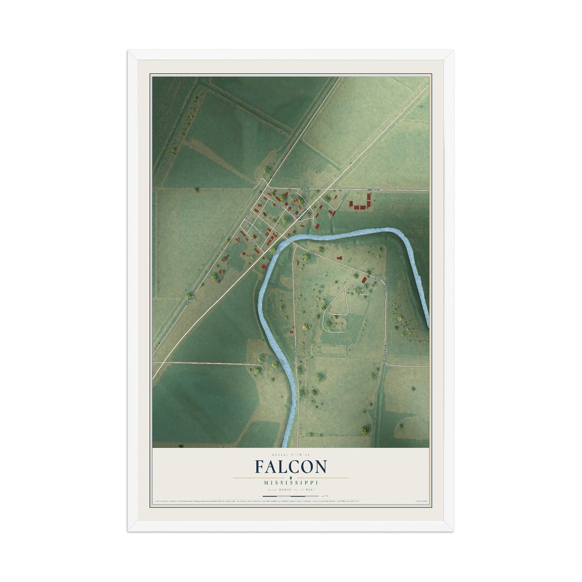 Map of Falcon, Mississippi, 12 x 18 inch print in a white wood frame