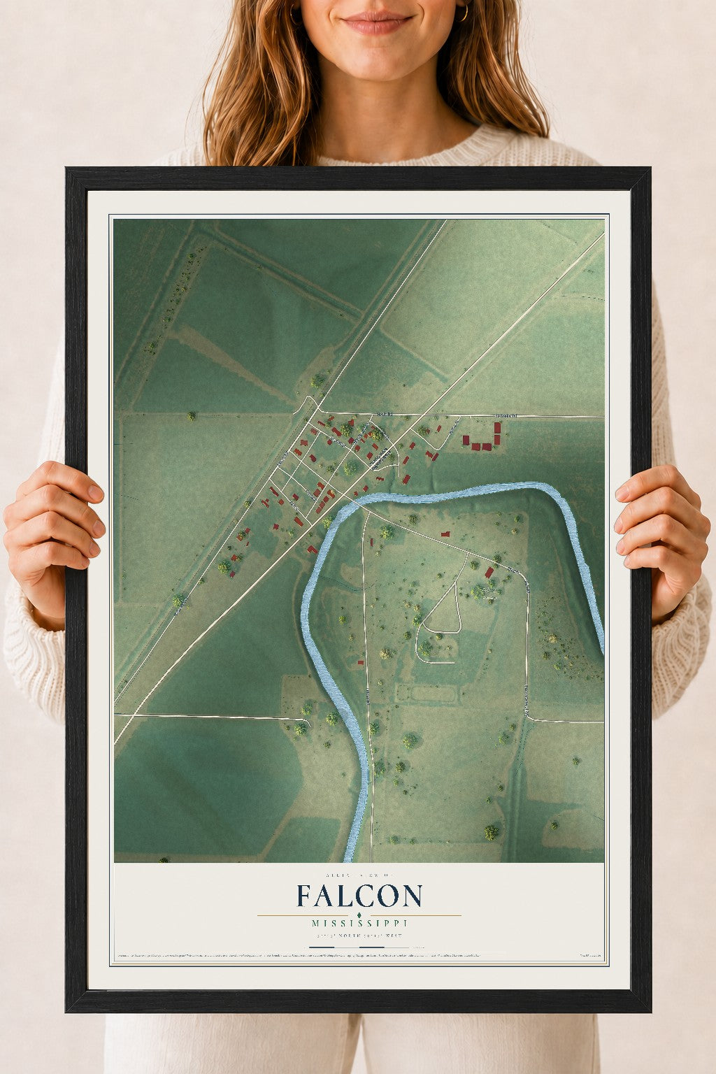 Map of Falcon, Mississippi, 18 x 24 inch print in a black wood frame