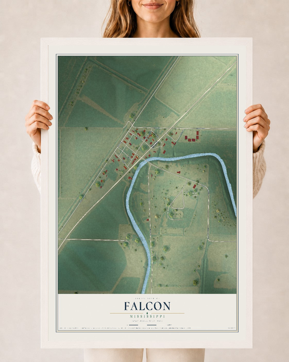 Map of Falcon, Mississippi, 24 x 36 inch print in a white wood frame