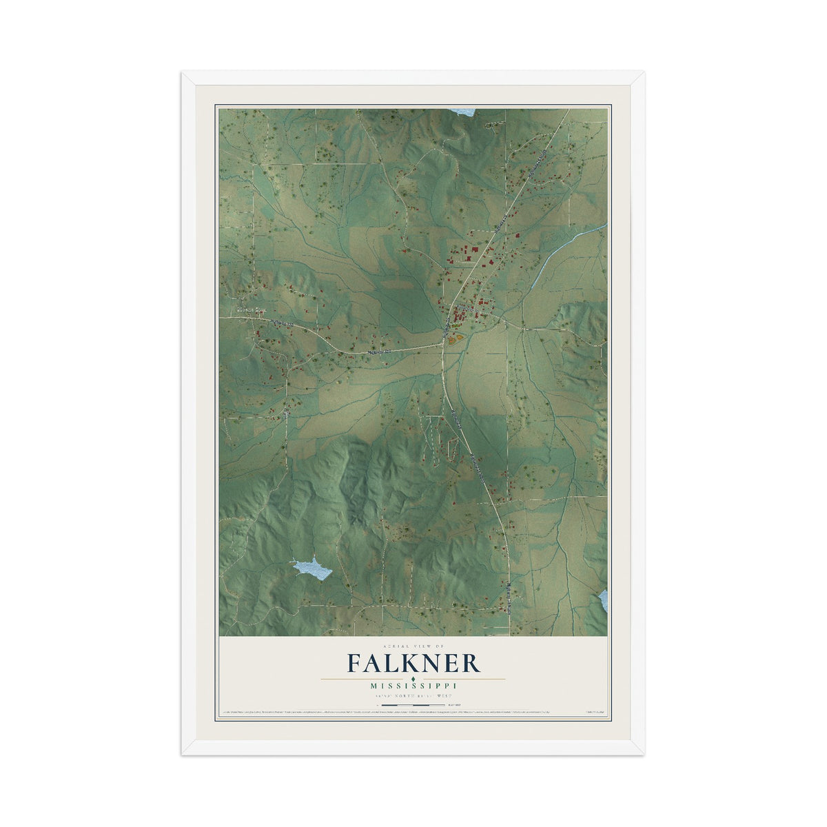 Map of Falkner, Mississippi, 12 x 18 inch print in a white wood frame
