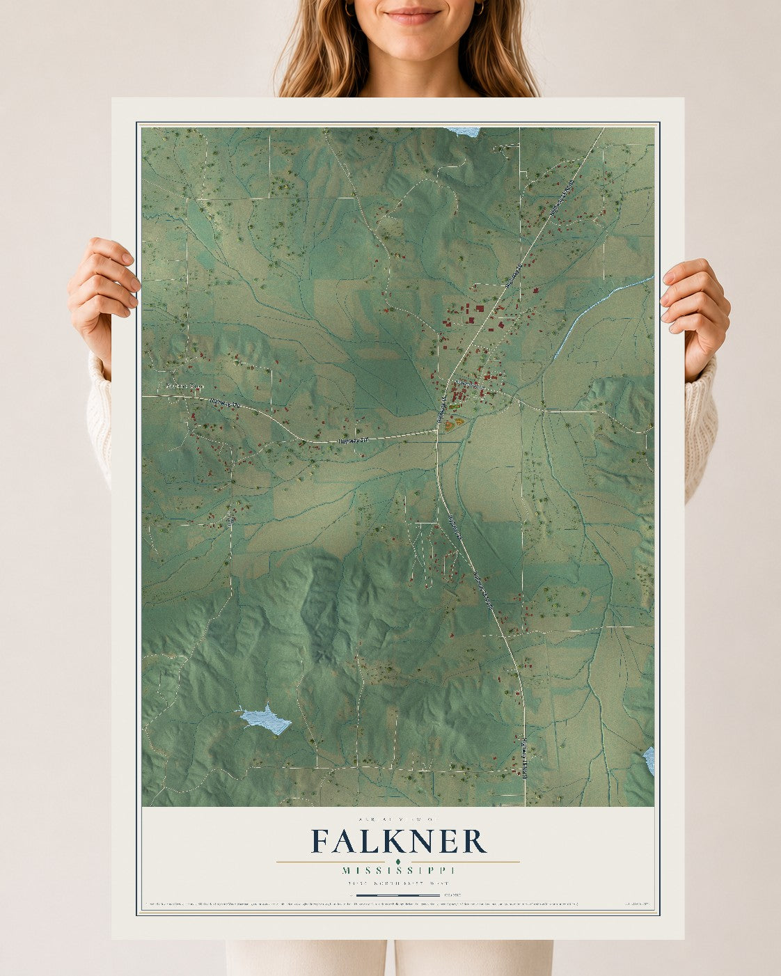 Map of Falkner, Mississippi, 24 x 36 inch unframed archival matte print