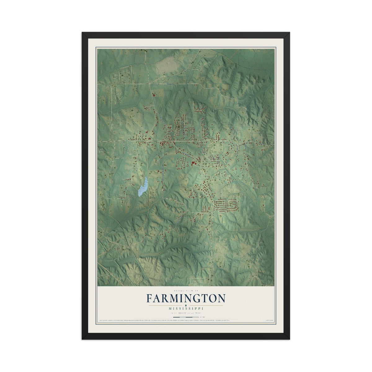 Map of Farmington, Mississippi, 12 x 18 inch print in a black wood frame