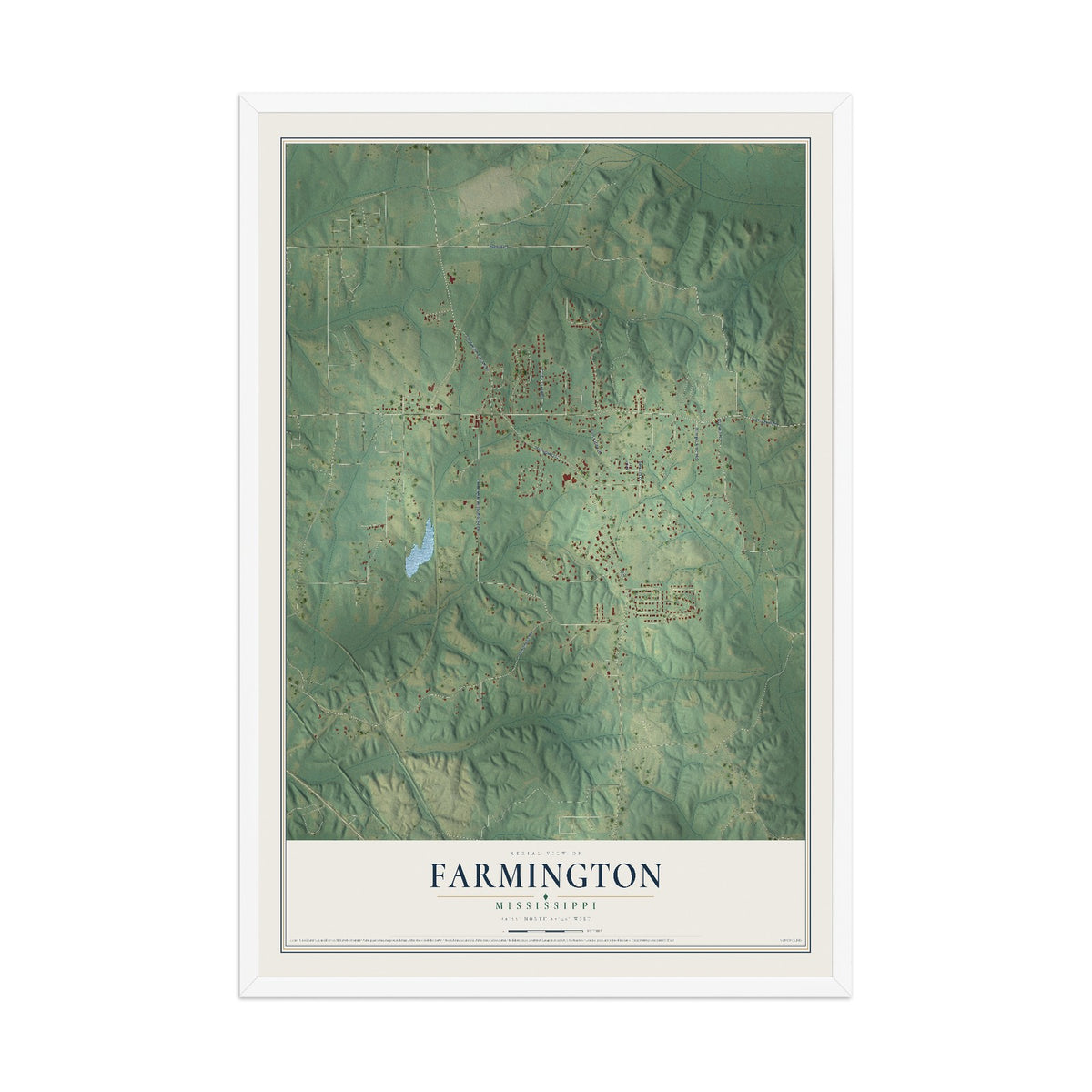Map of Farmington, Mississippi, 12 x 18 inch print in a white wood frame