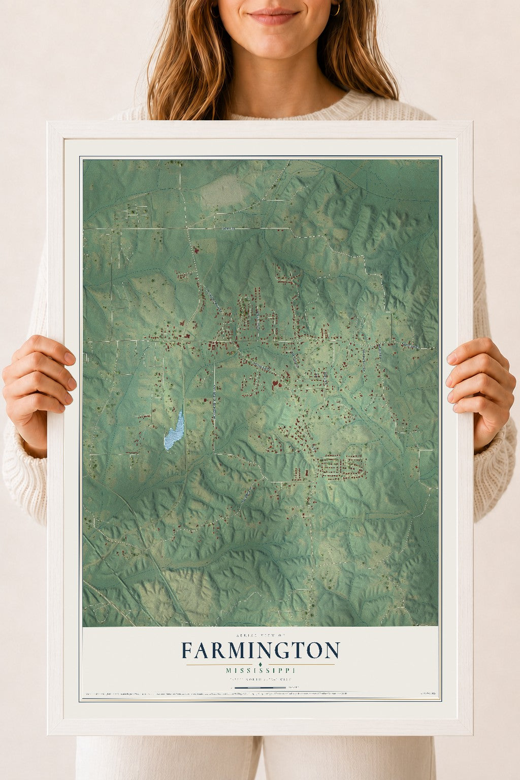 Map of Farmington, Mississippi, 18 x 24 inch print in a white wood frame