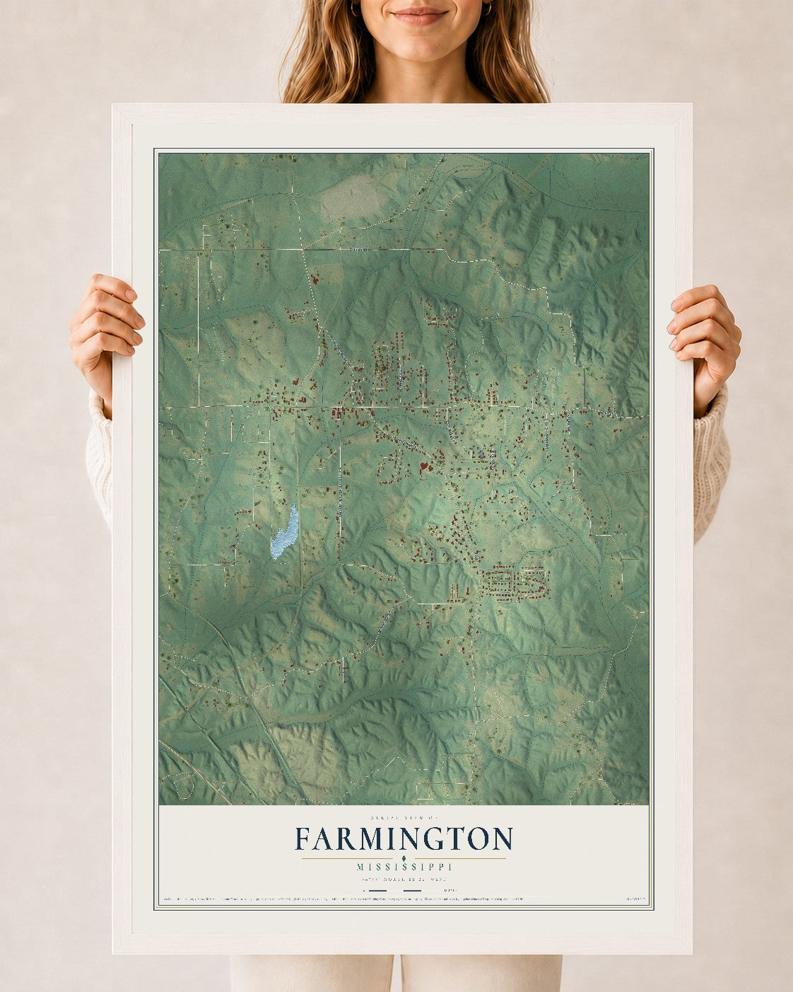 Map of Farmington, Mississippi, 24 x 36 inch print in a white wood frame