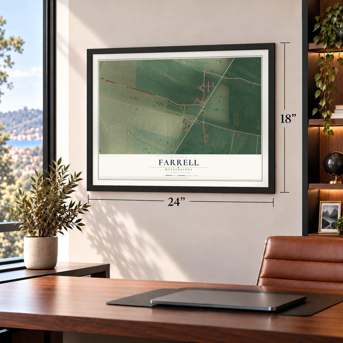 Farrell, Mississippi map, 18 x 24 inch print in a black frame in a home office