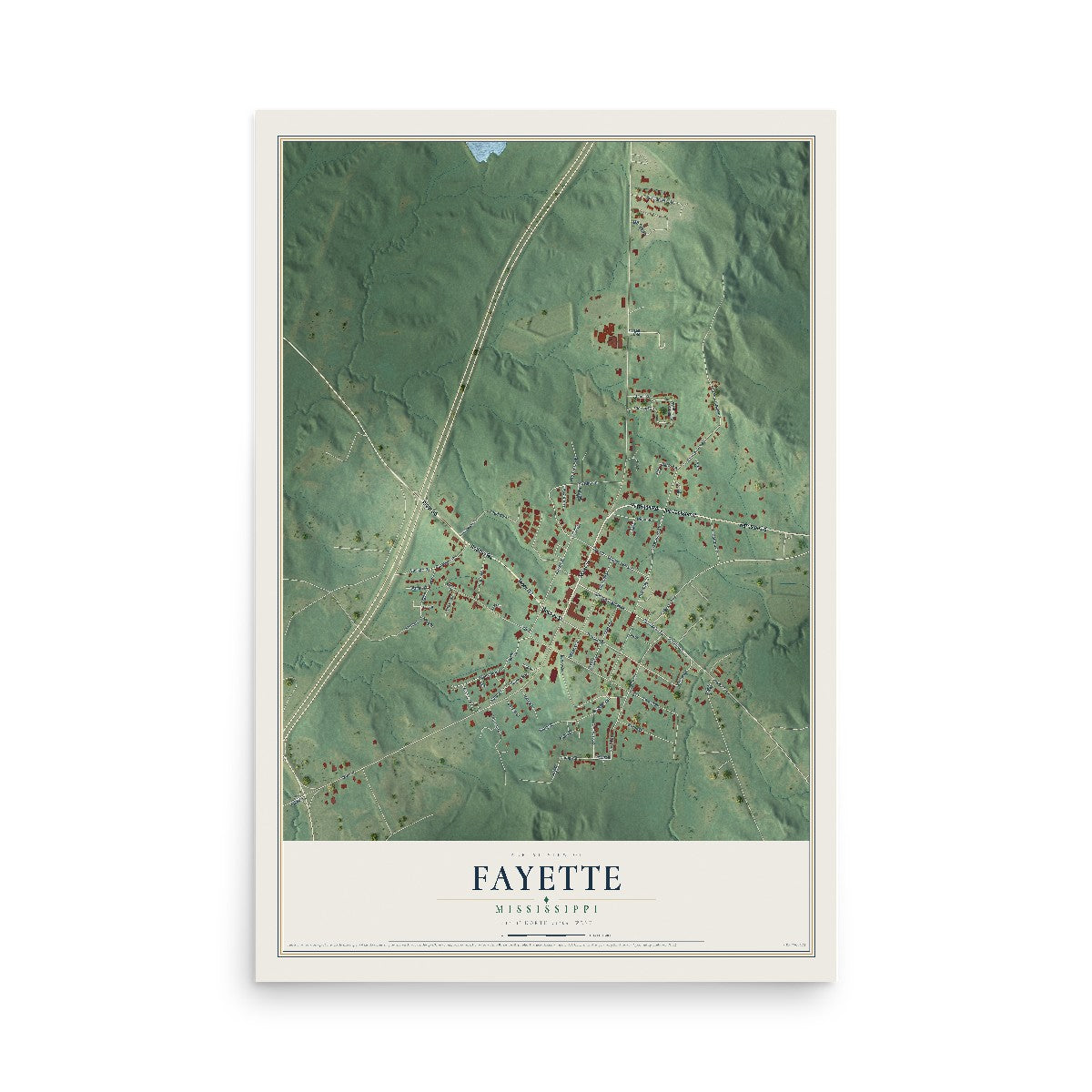 Map of Fayette, Mississippi, 12 x 18 inch unframed archival matte print