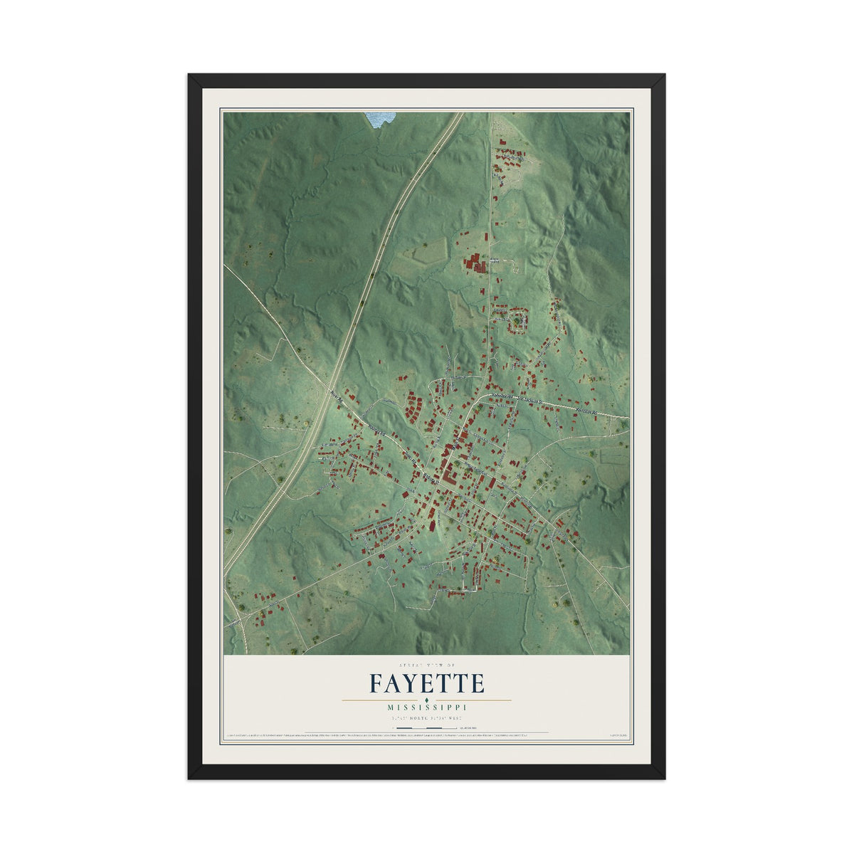 Map of Fayette, Mississippi, 12 x 18 inch print in a black wood frame