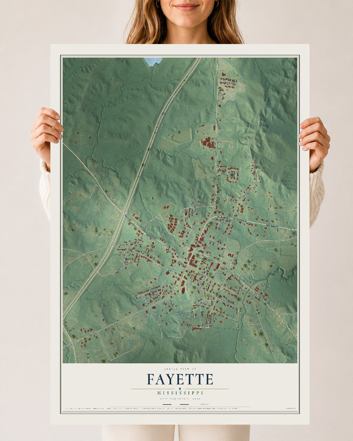 Map of Fayette, Mississippi, 24 x 36 inch unframed archival matte print
