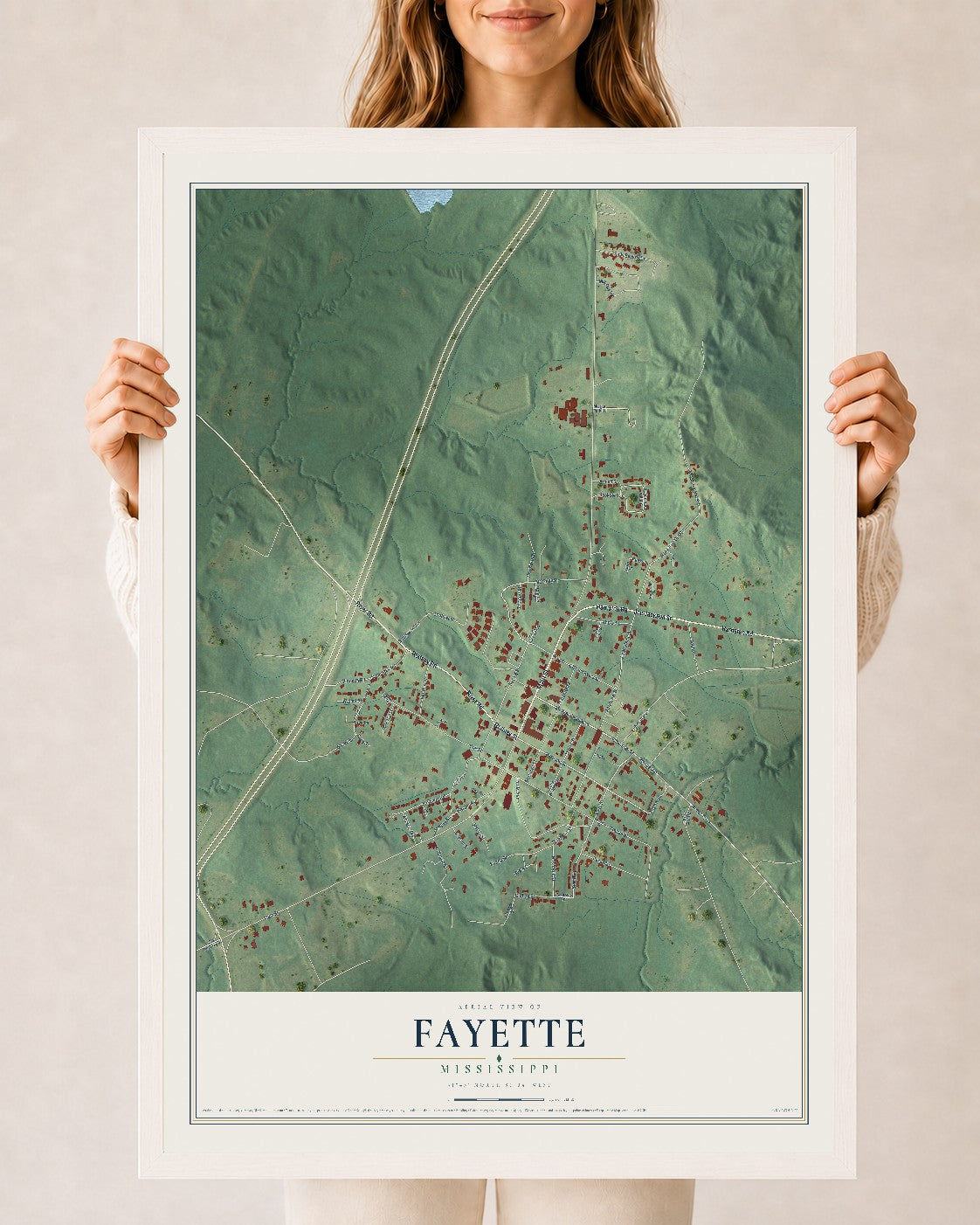 Map of Fayette, Mississippi, 24 x 36 inch print in a white wood frame