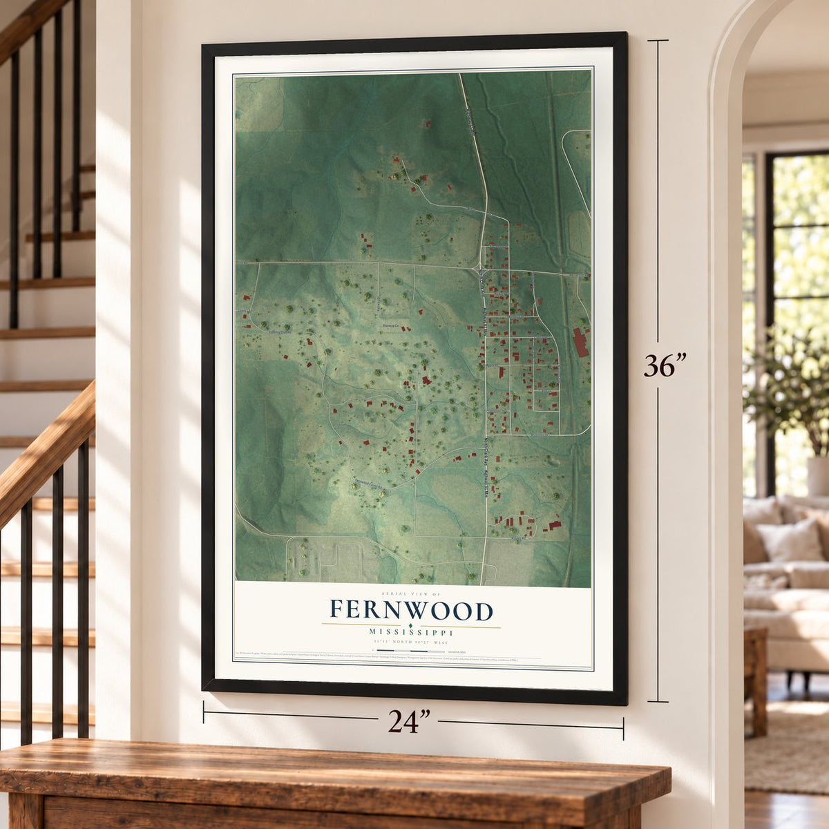 Fernwood, Mississippi map, 24 x 36 inch print in a black frame by a staircase