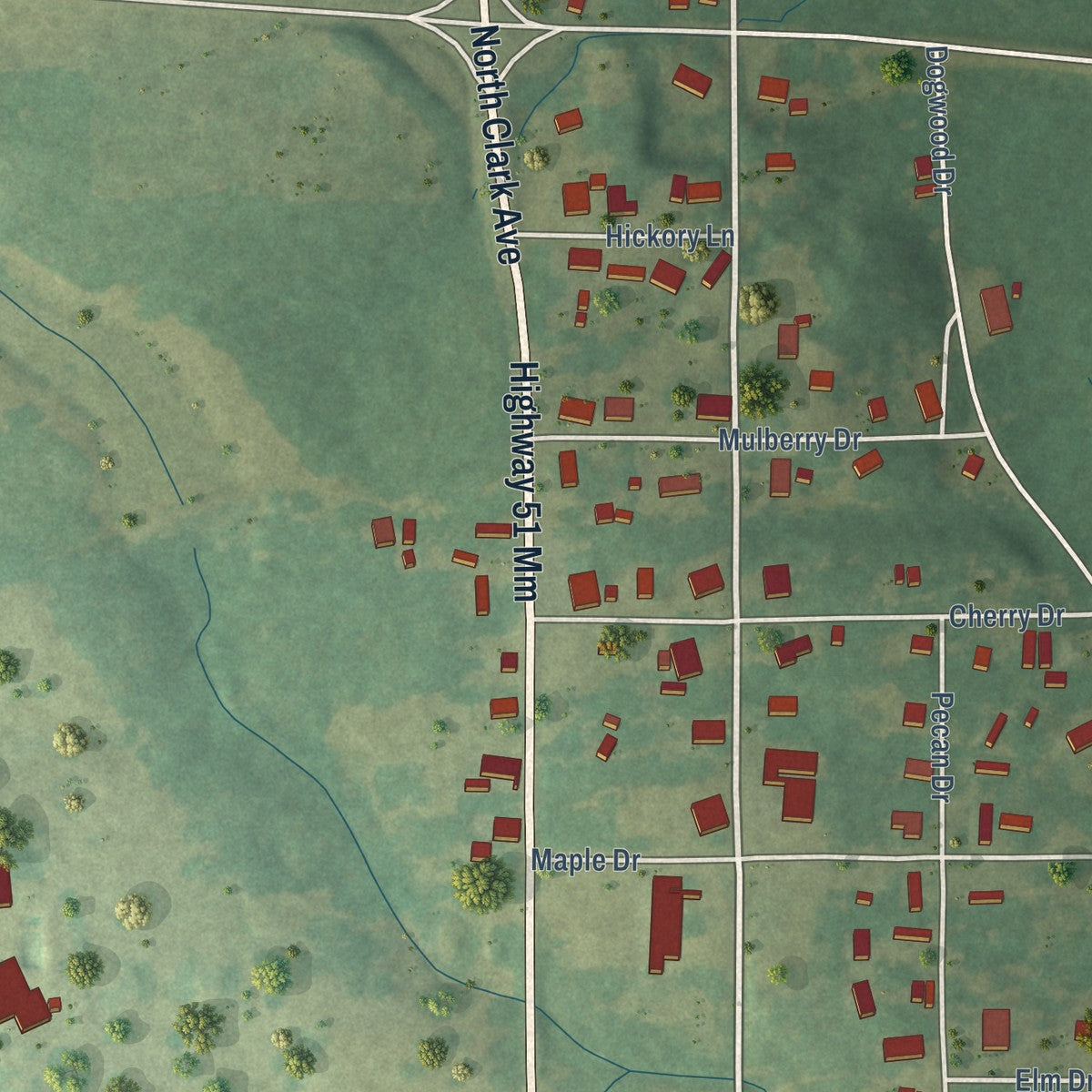 Close-up of the map of Fernwood, Mississippi print showing street and building detail
