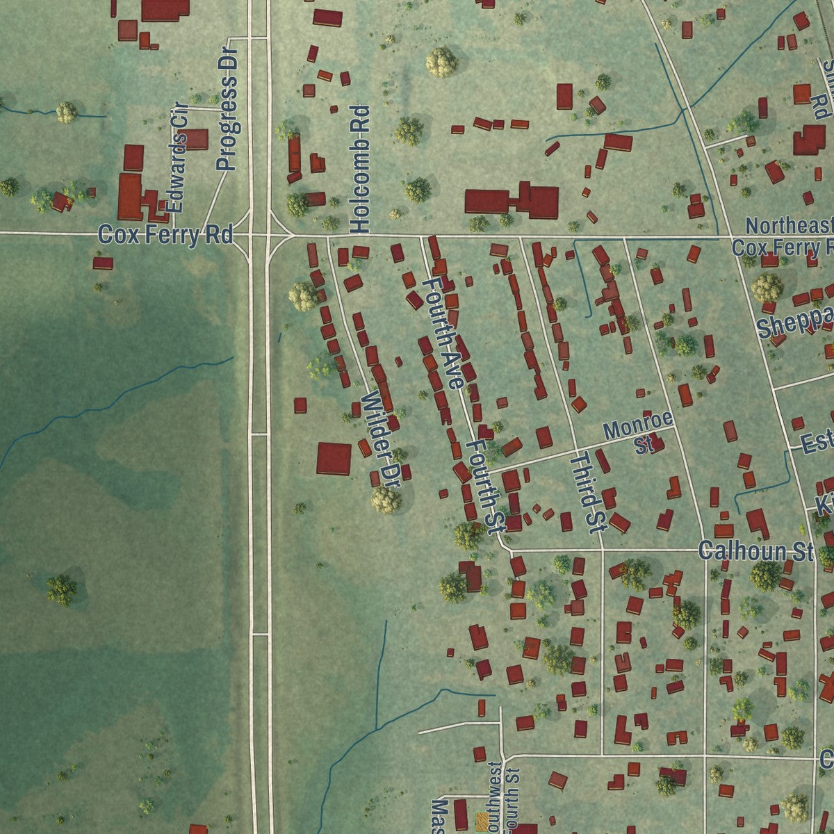 Close-up of the map of Flora, Mississippi print showing street and building detail