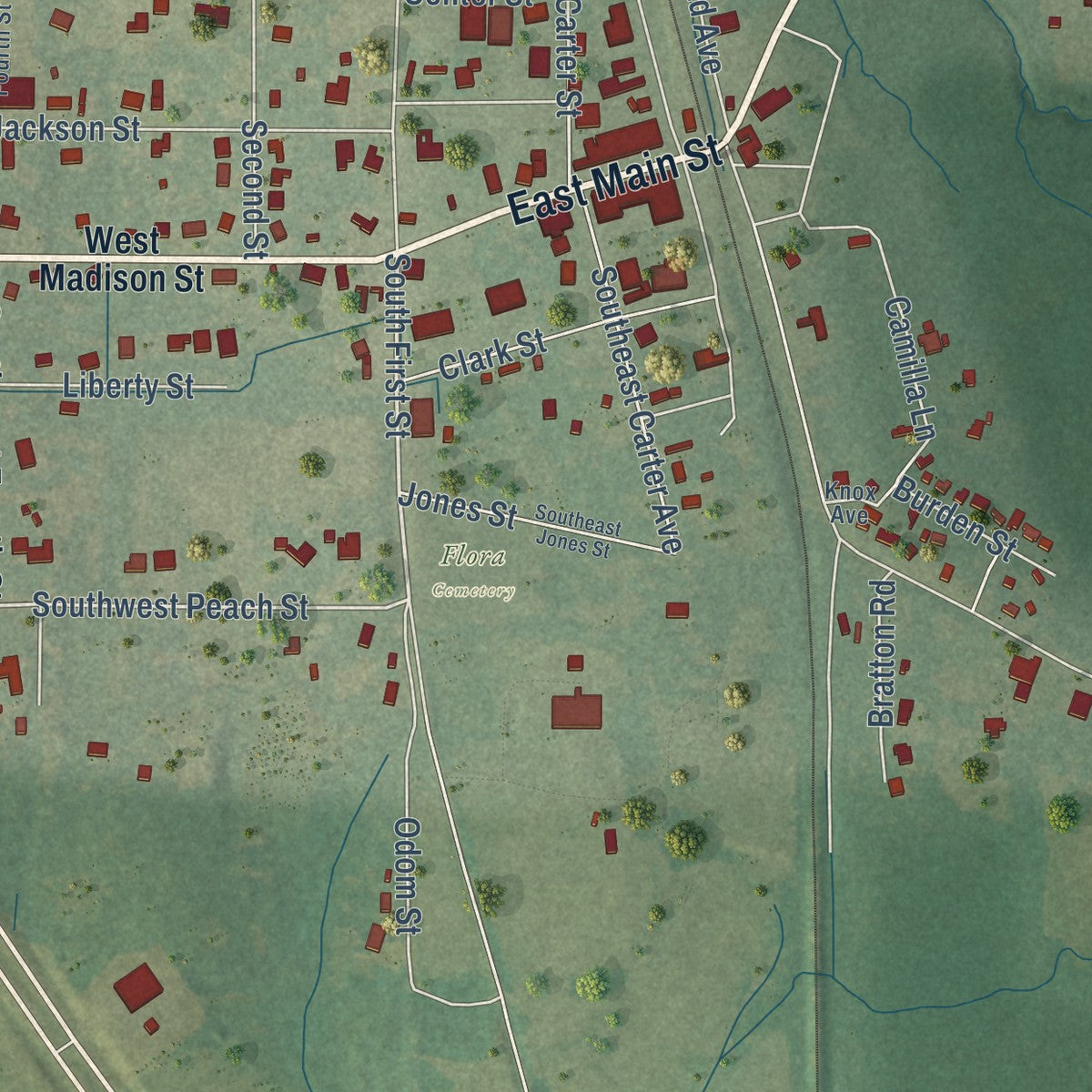 Second close-up of the map of Flora, Mississippi print showing more streets and buildings