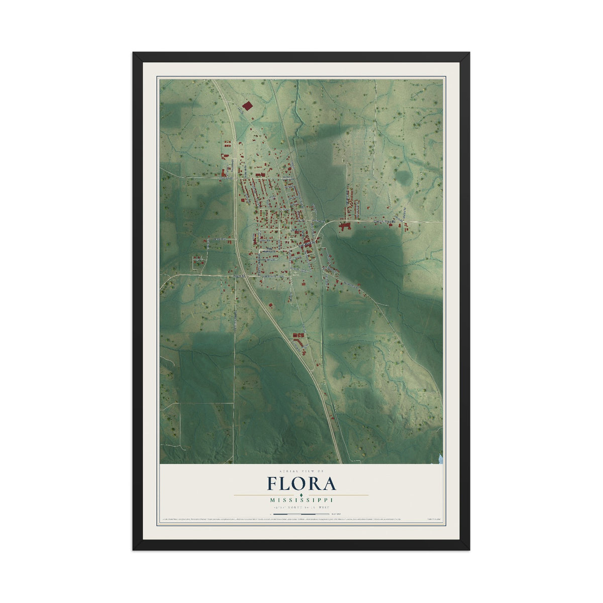 Map of Flora, Mississippi, 12 x 18 inch print in a black wood frame