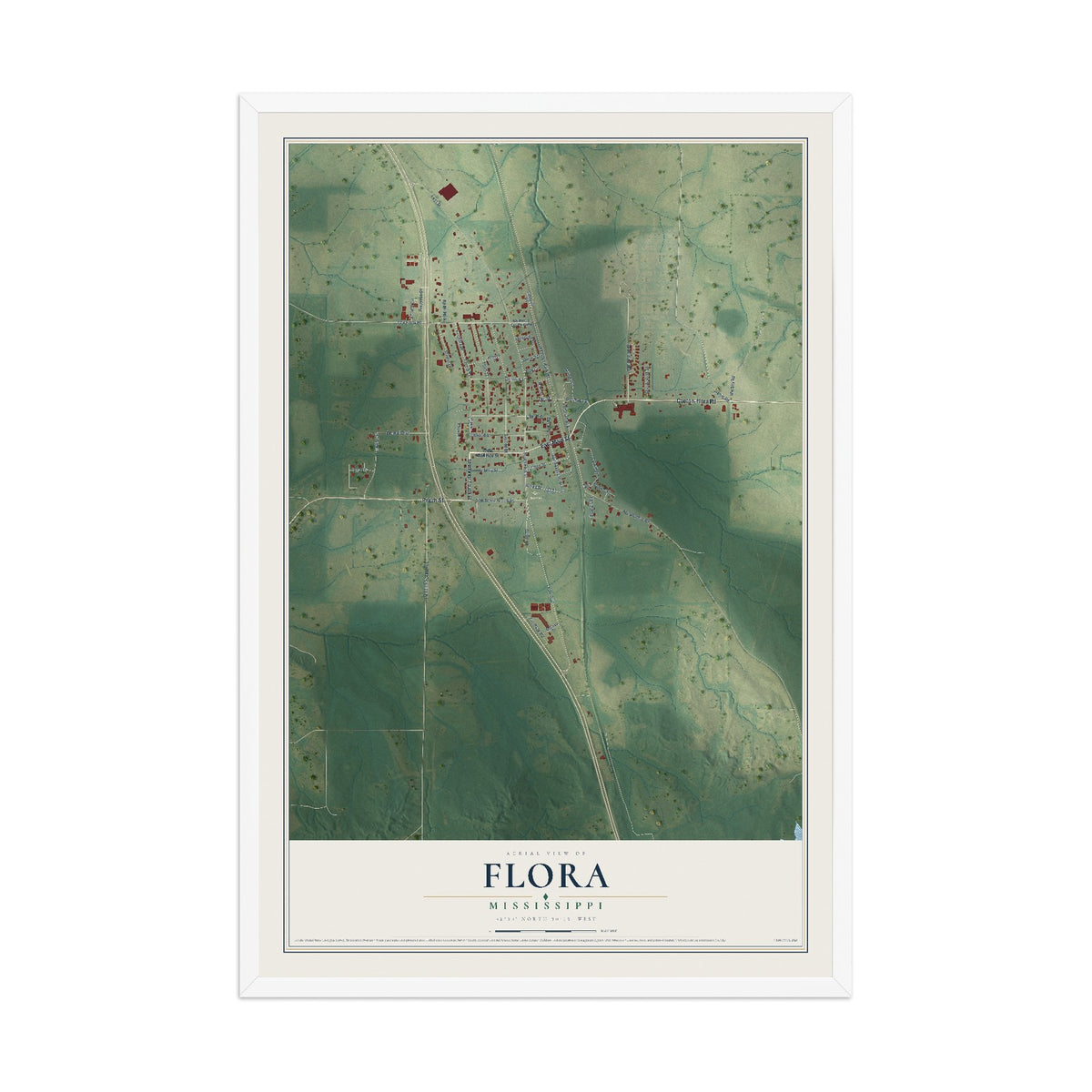 Map of Flora, Mississippi, 12 x 18 inch print in a white wood frame