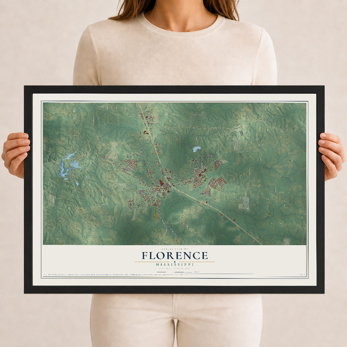 Map of Florence, Mississippi, 12 x 18 inch print in a black wood frame