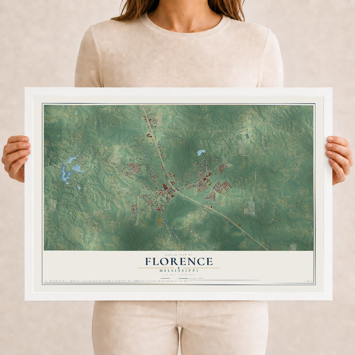 Map of Florence, Mississippi, 12 x 18 inch print in a white wood frame