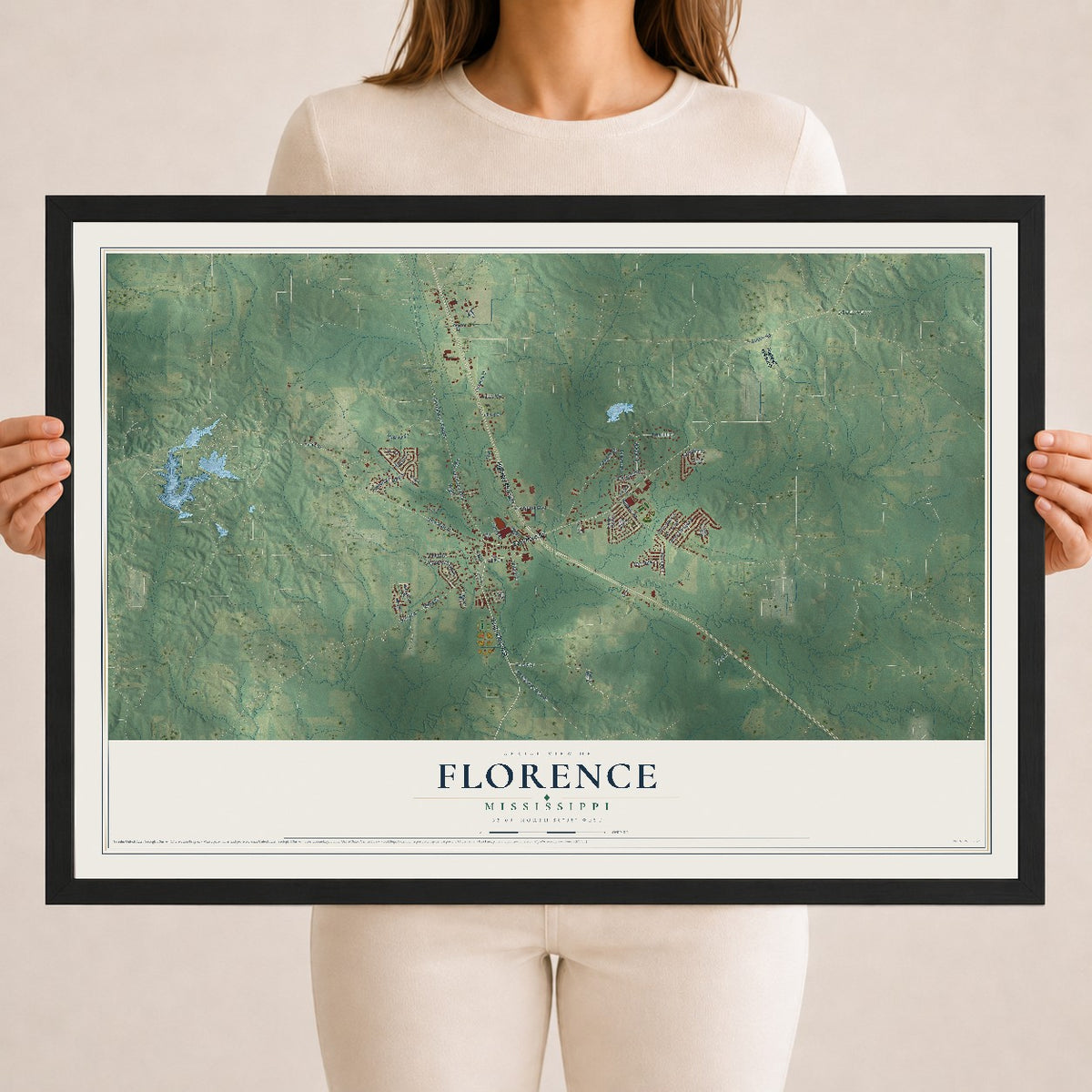 Map of Florence, Mississippi, 18 x 24 inch print in a black wood frame