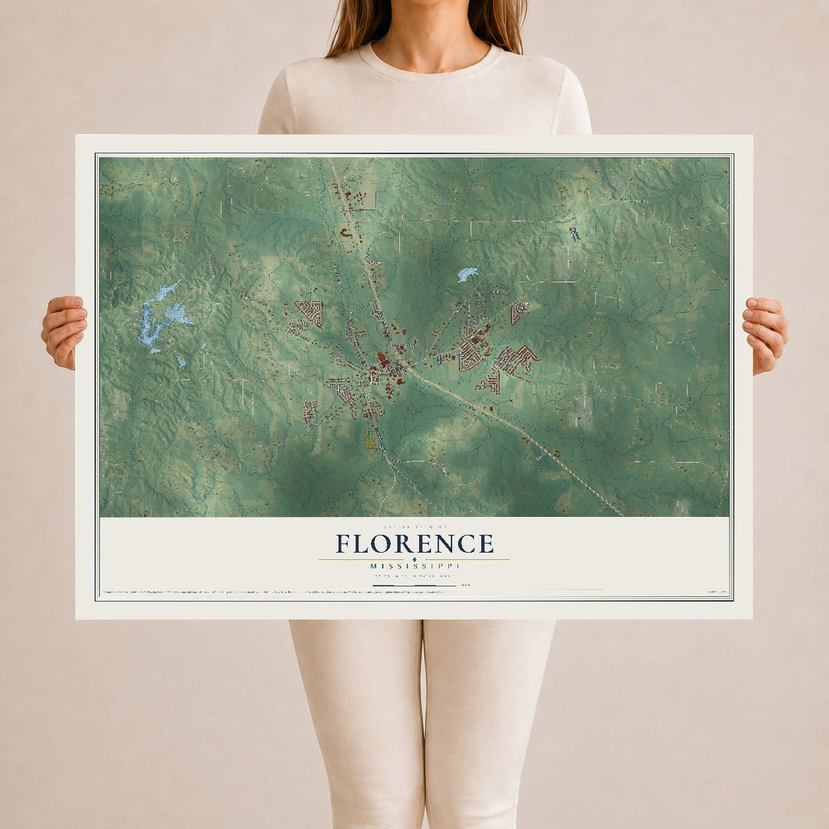 Map of Florence, Mississippi, 24 x 36 inch unframed archival matte print