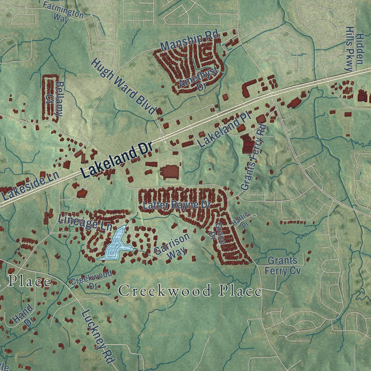 Close-up of the map of Flowood, Mississippi print showing street and building detail
