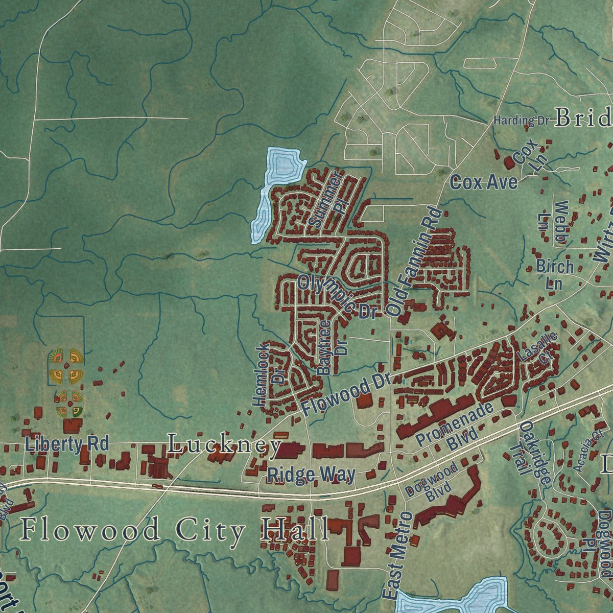 Second close-up of the map of Flowood, Mississippi print showing more streets and buildings