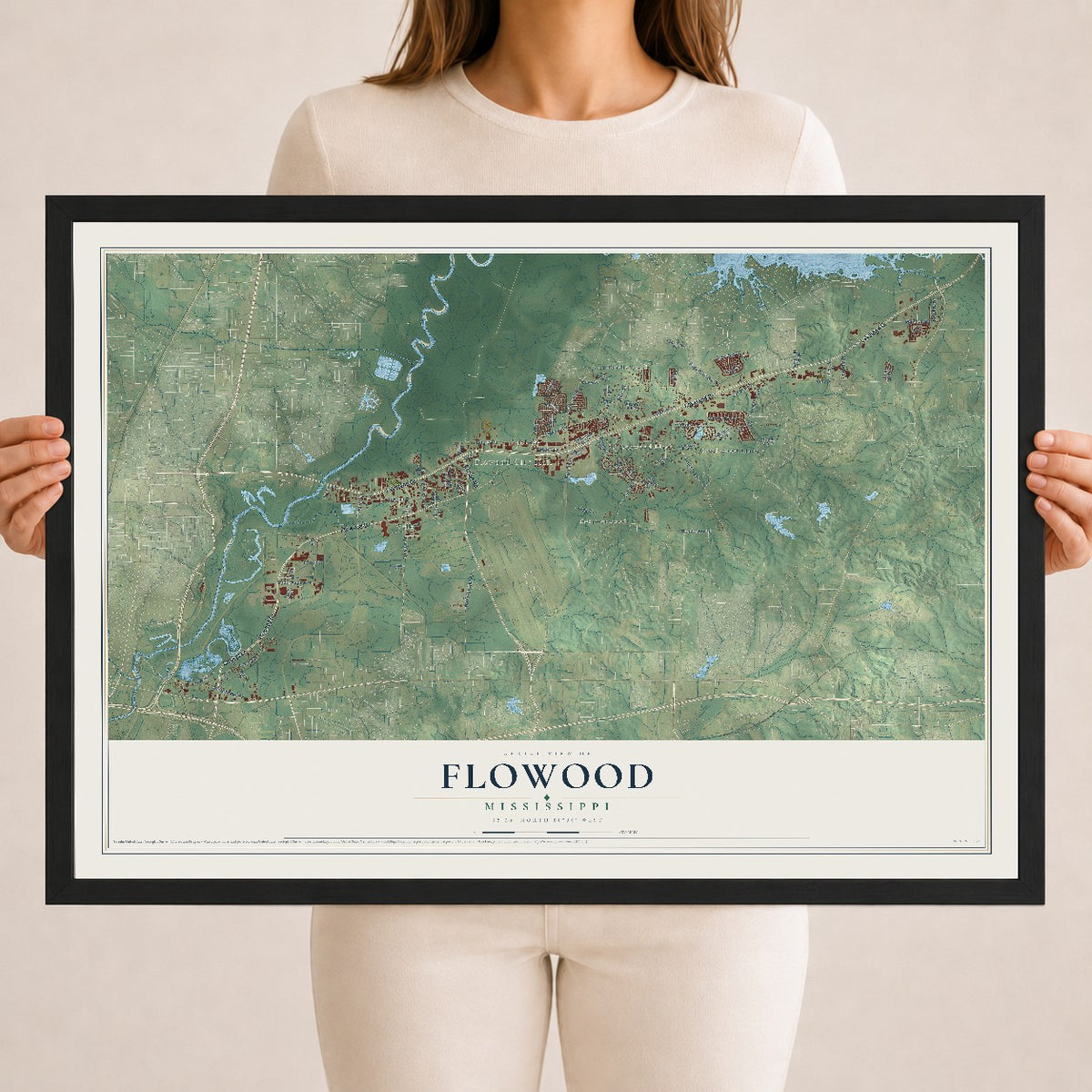 Map of Flowood, Mississippi, 18 x 24 inch print in a black wood frame
