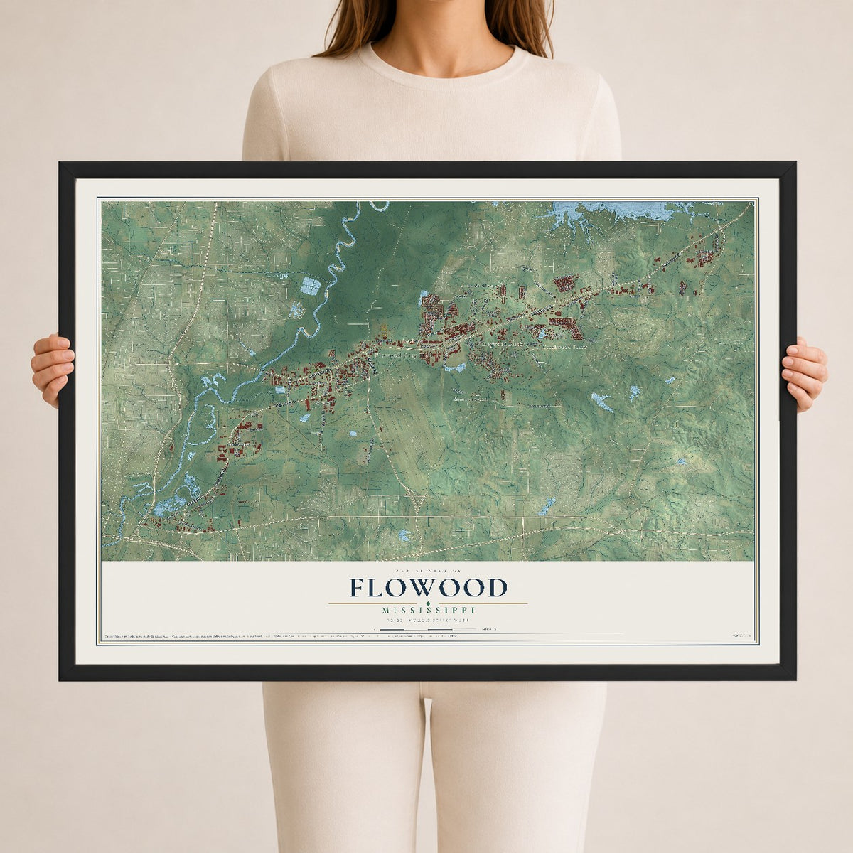 Map of Flowood, Mississippi, 24 x 36 inch print in a black wood frame
