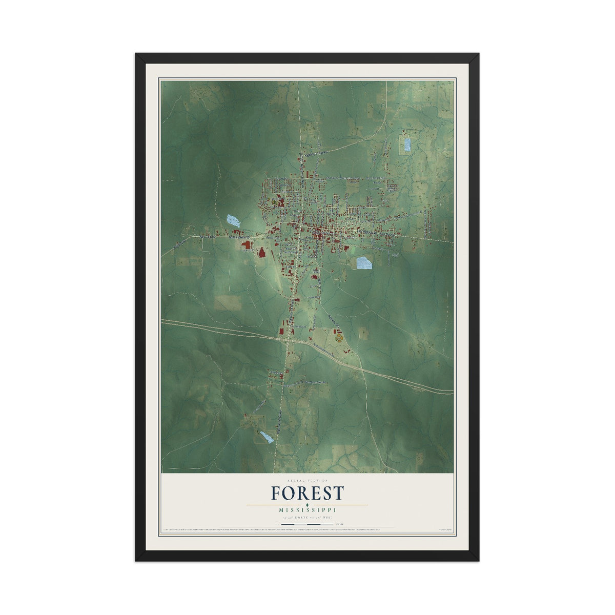 Map of Forest, Mississippi, 12 x 18 inch print in a black wood frame