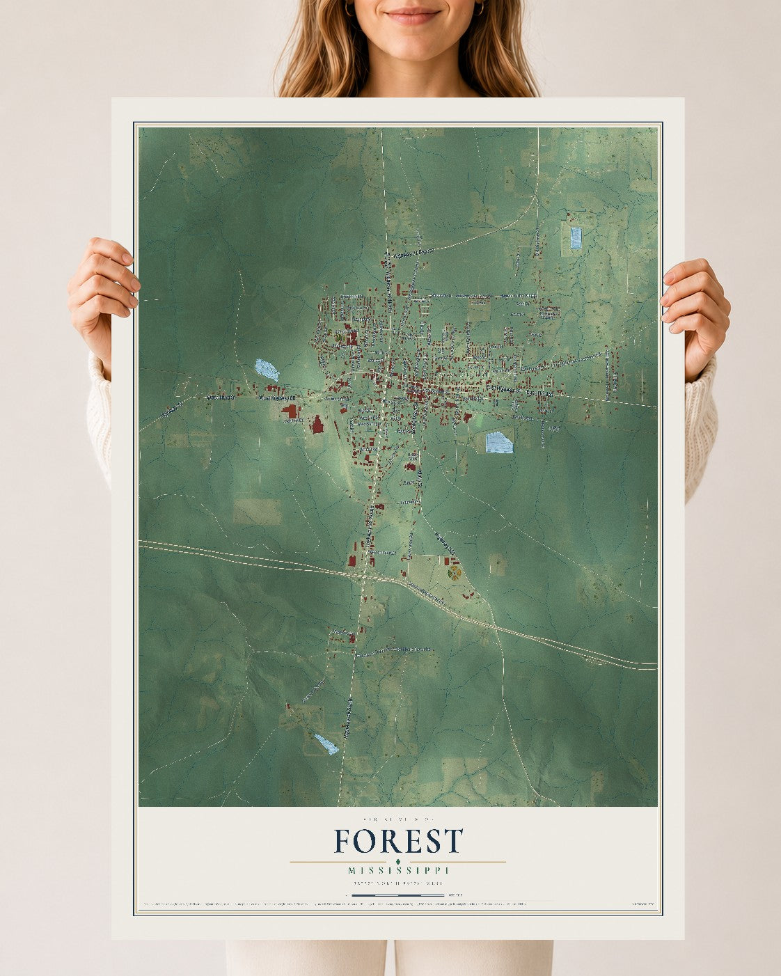 Map of Forest, Mississippi, 24 x 36 inch unframed archival matte print