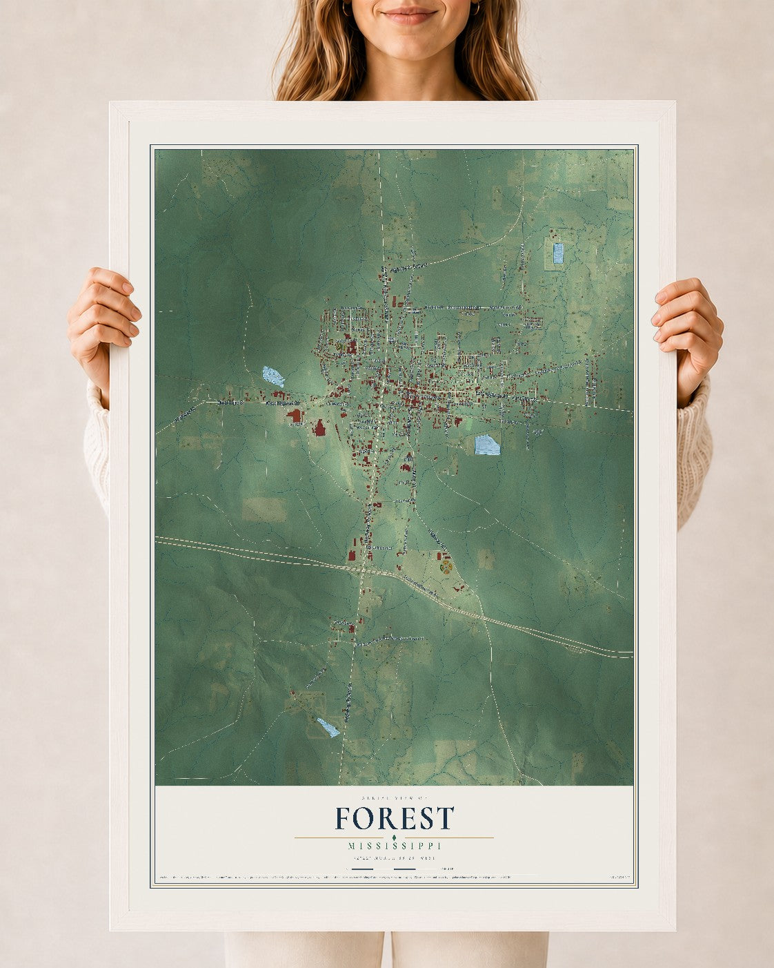 Map of Forest, Mississippi, 24 x 36 inch print in a white wood frame