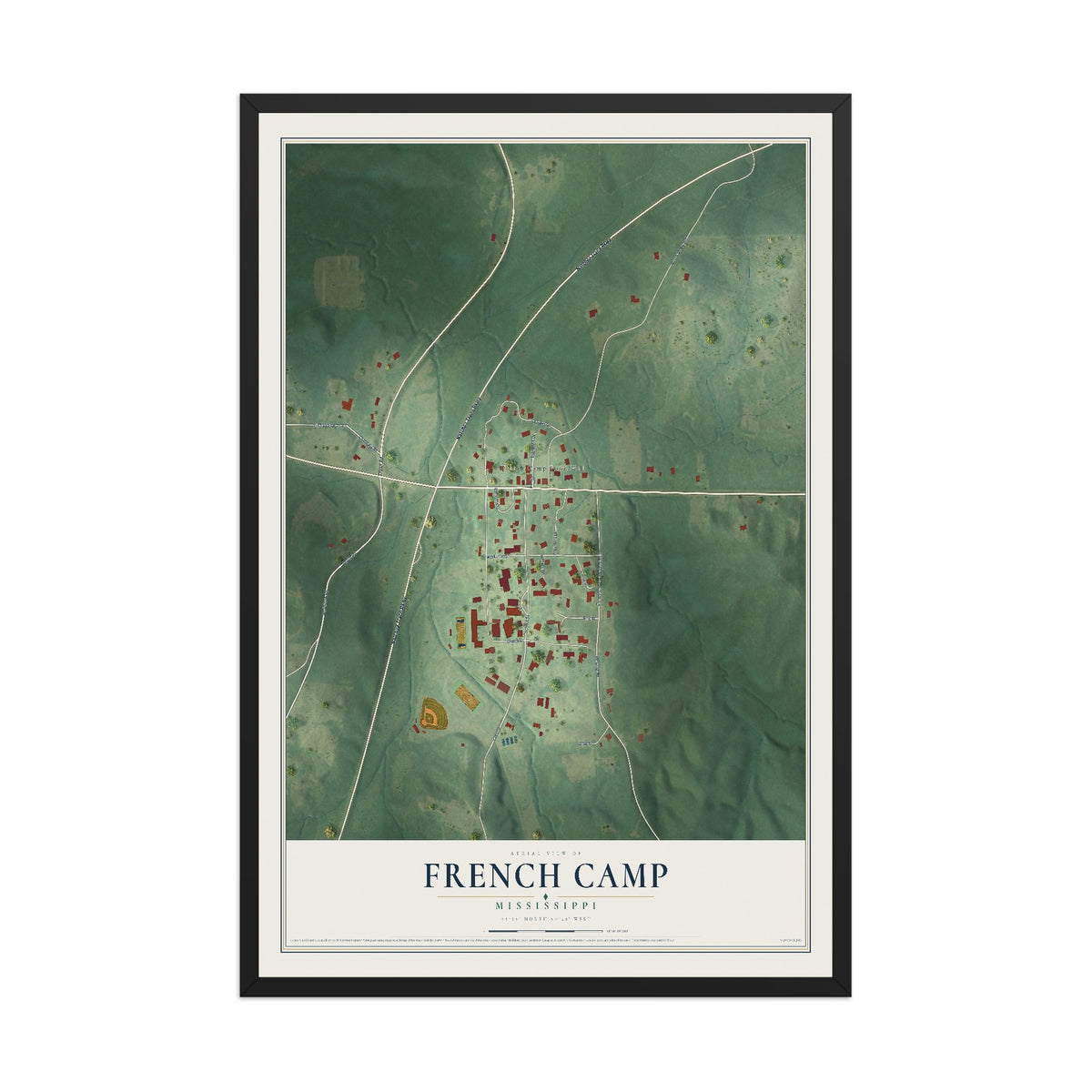 Map of French Camp, Mississippi, 12 x 18 inch print in a black wood frame