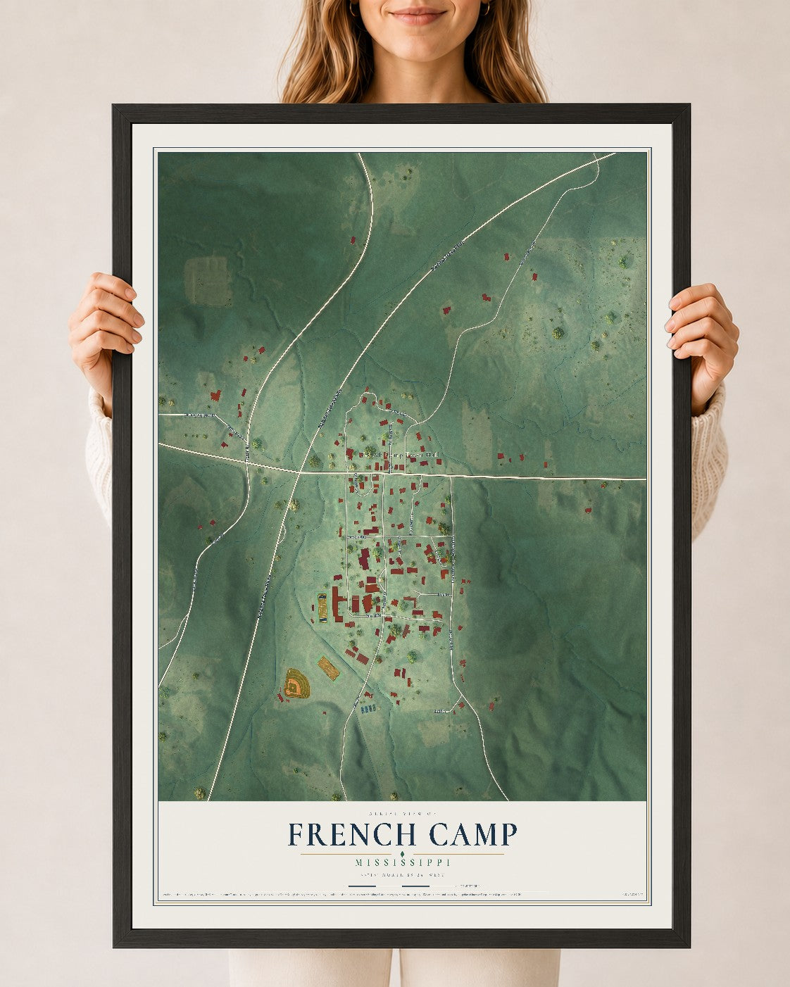 Map of French Camp, Mississippi, 24 x 36 inch print in a black wood frame
